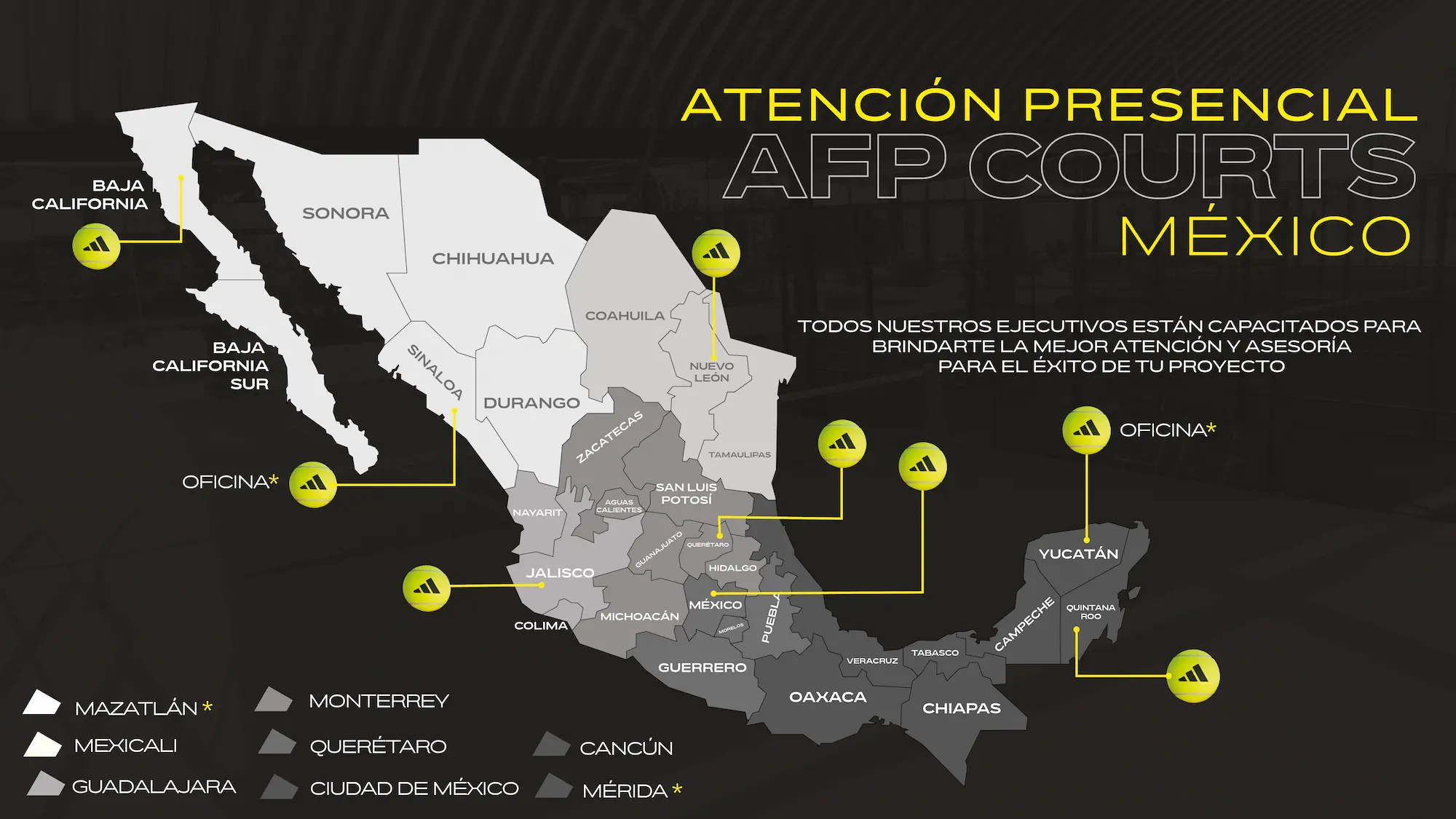 Mapa atención presencial AFP courts México. REDSPORT y ADIDAS. Canchas de padel en México, pádel redsport adidas merida, pádel mexicali